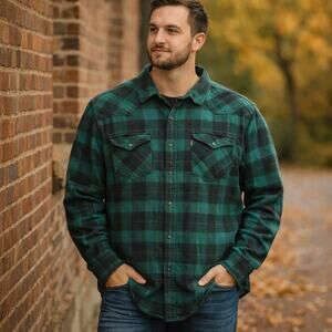 Levi’s Green Plaid Flannel Snap Button Shirt Men’s XXL 100% Cotton